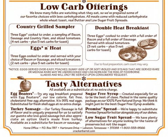 Cracker Barrel Low Carb Menu